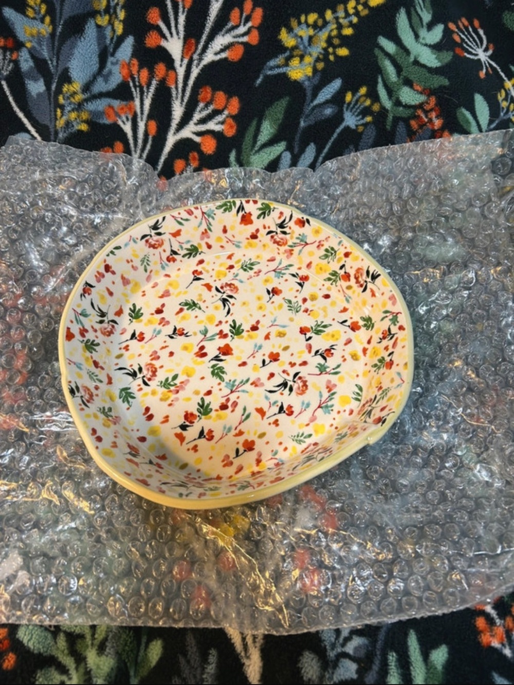 Anthropologie Hand-Painted Floral Ceramic Bowl in White with Multicolor Accents